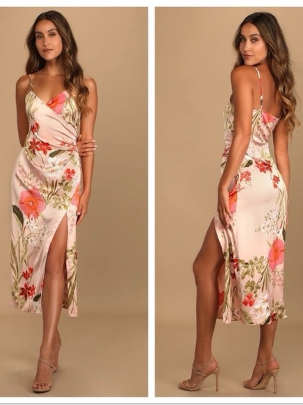 Lulu's Blush Floral Slip Midi Dress with Side Slit